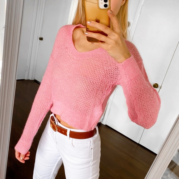 🌸 MANGO (MNG) BABY PINK WOOL BLEND CROPPED KNIT SWEATER! - Picture 2 of 12